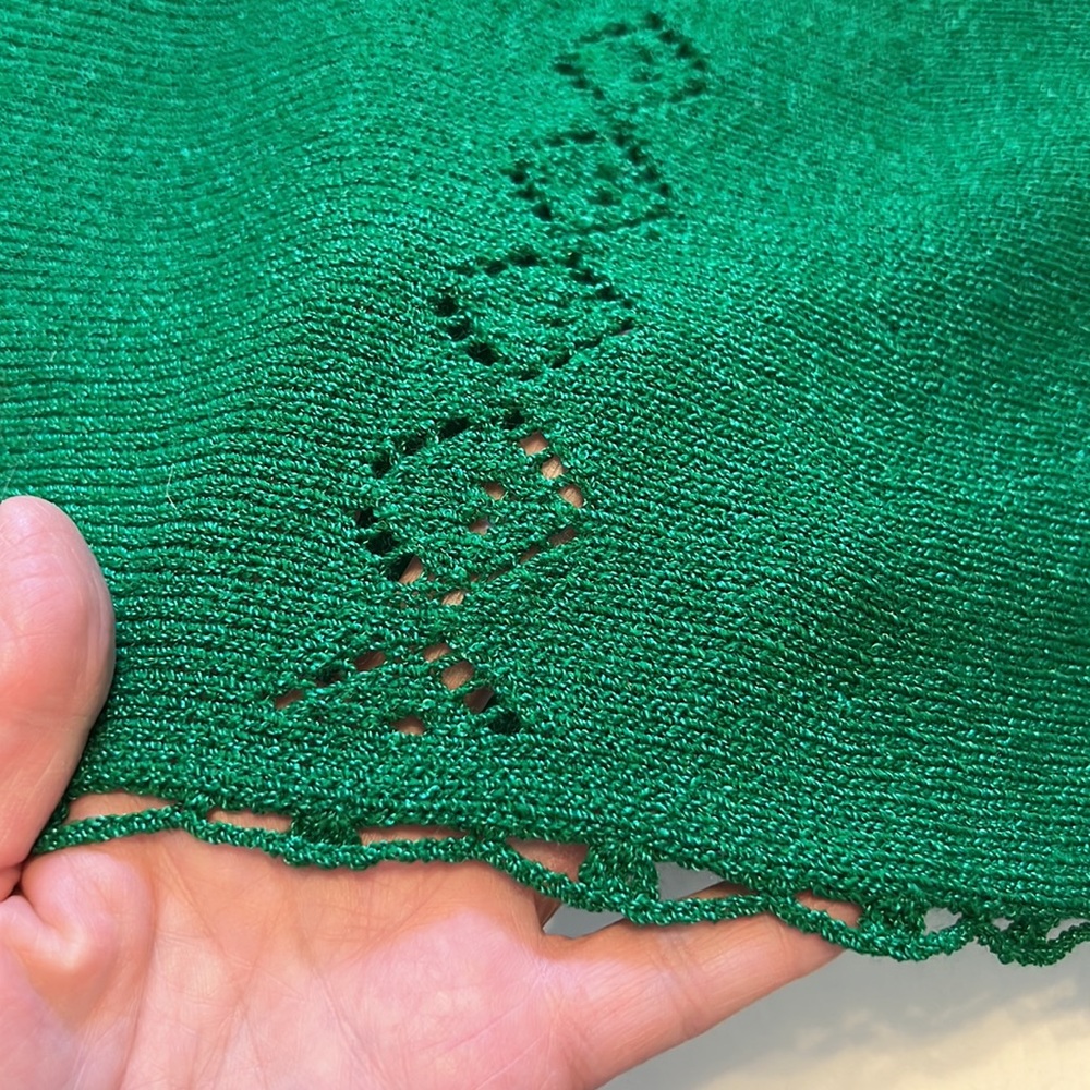 Vintage green knit A line dress ties at shoulder sundress midi feminine - Picture 9 of 14